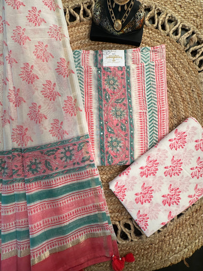Off White-Pink Hand Block Printed Chanderi 3-Piece Unstitched Suit with Aari Work