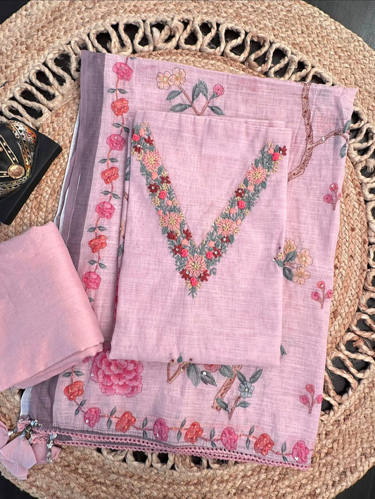 Pink Hand Embroidery Pure Cotton Suit