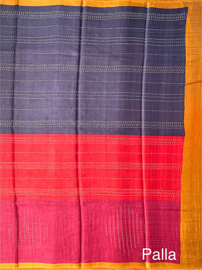 Navy Blue-Red-Magenta Pure Tussar Silk Saree