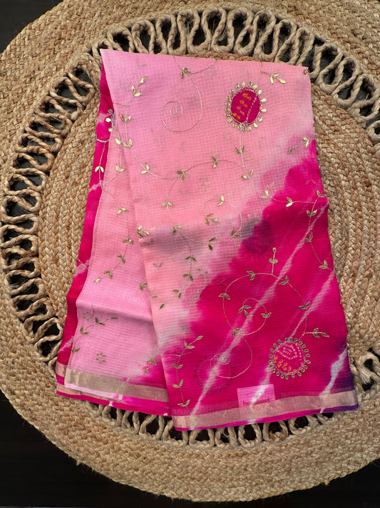 Pink-Rani  Kota Doria Pure Silk Saree With Gota Patti Work