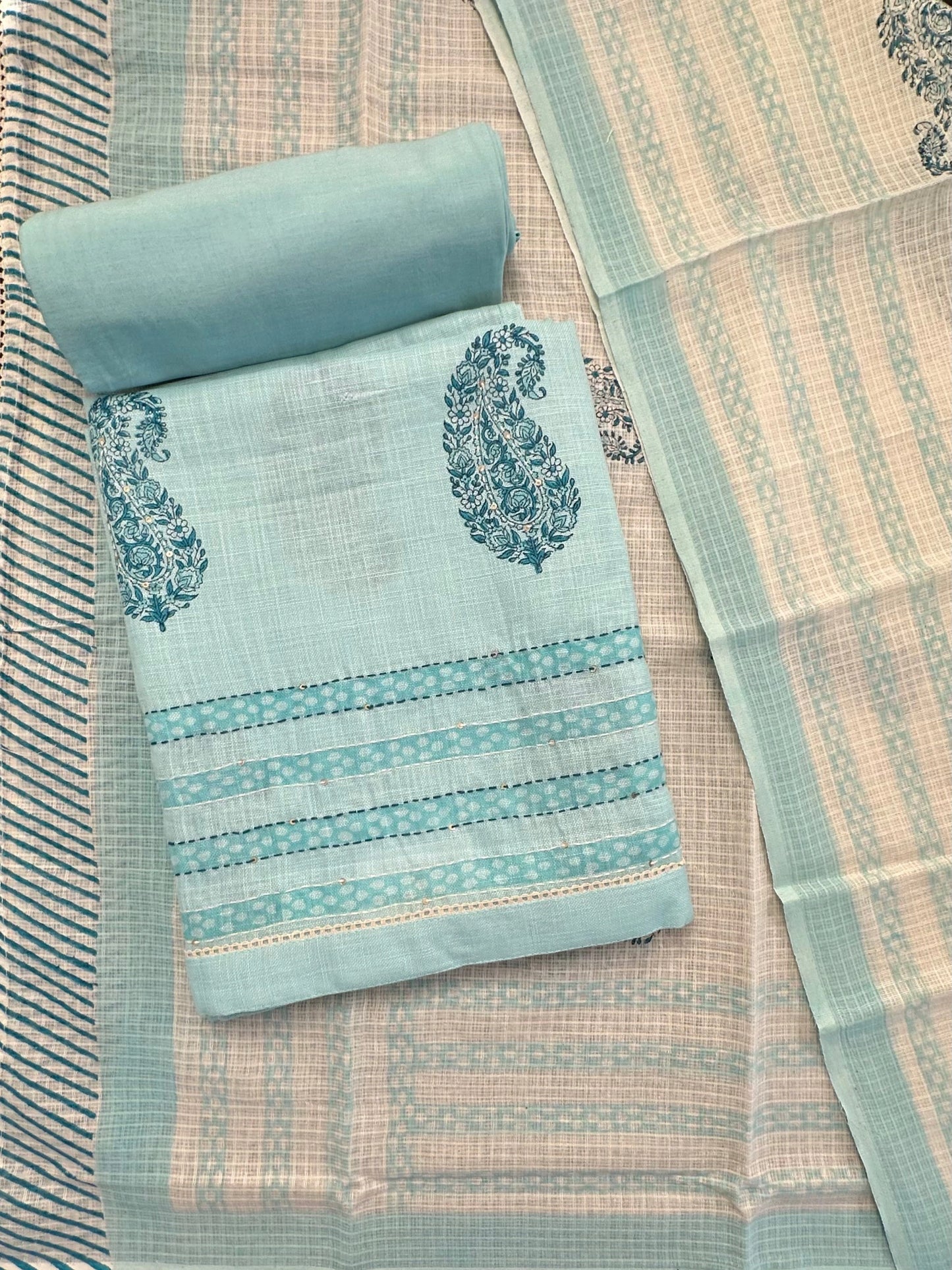 Firozi Jute Cotton 3-piece Unstitched  Suit