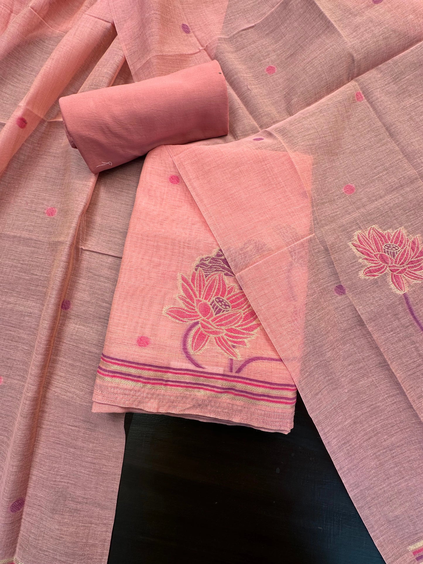 Pink Jamdani Fancy Cotton 3-Piece Suit
