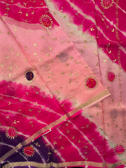 Pink-Rani  Kota Doria Pure Silk Saree With Gota Patti Work