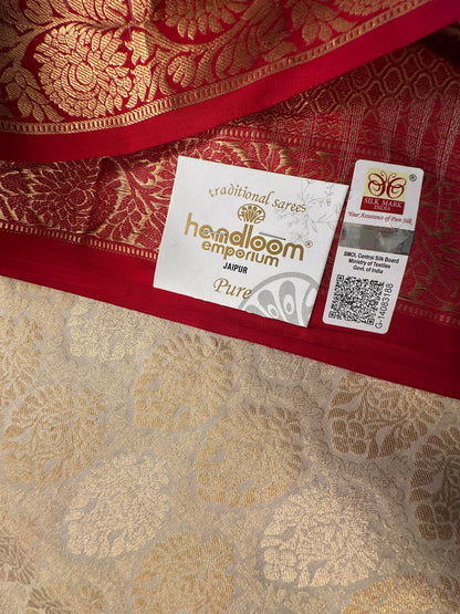 Cream-Red Handloom Kanjivaram Jamawar Pure Silk Saree