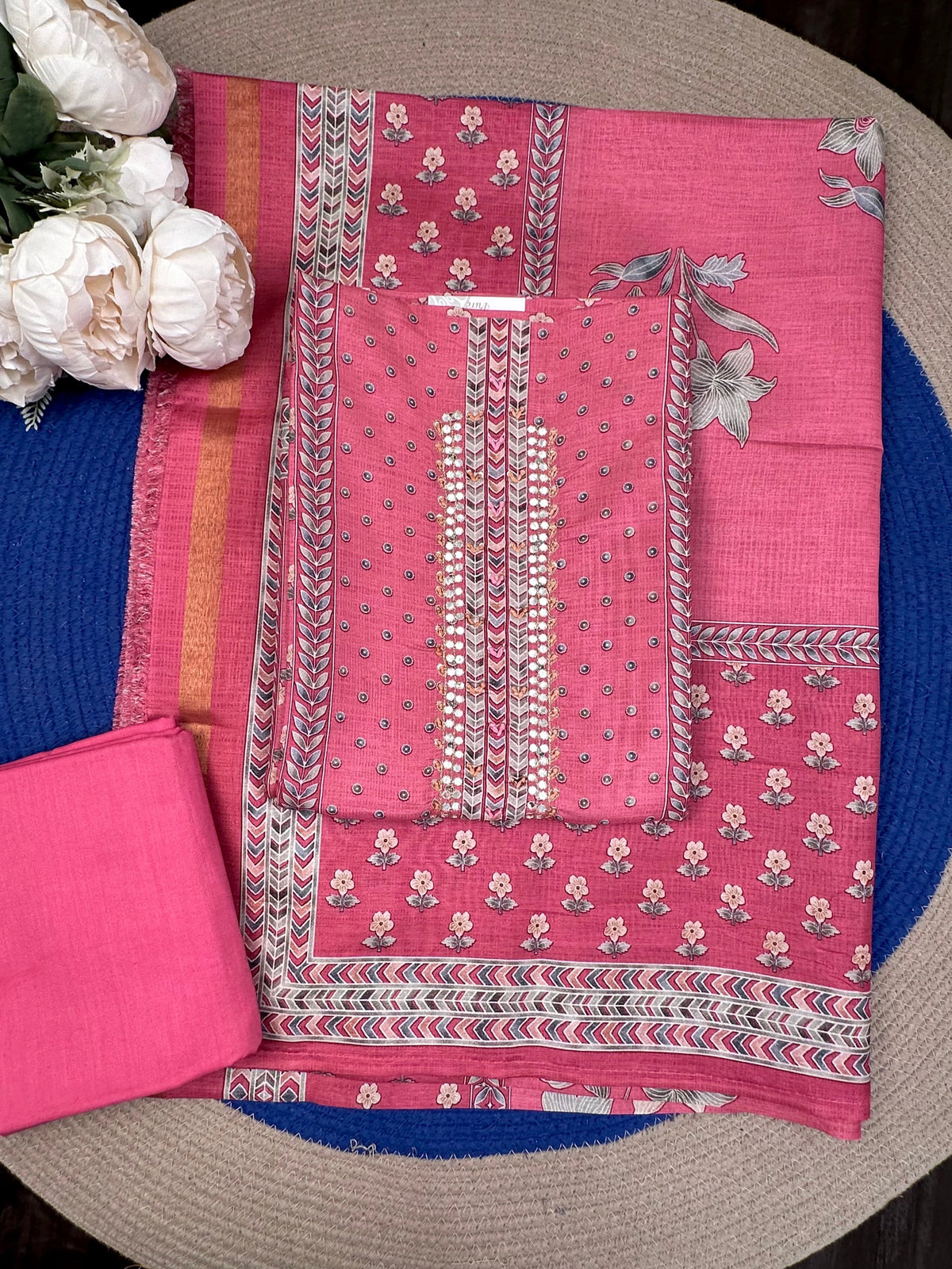 Pink Blended Cotton 3-Piece Suit