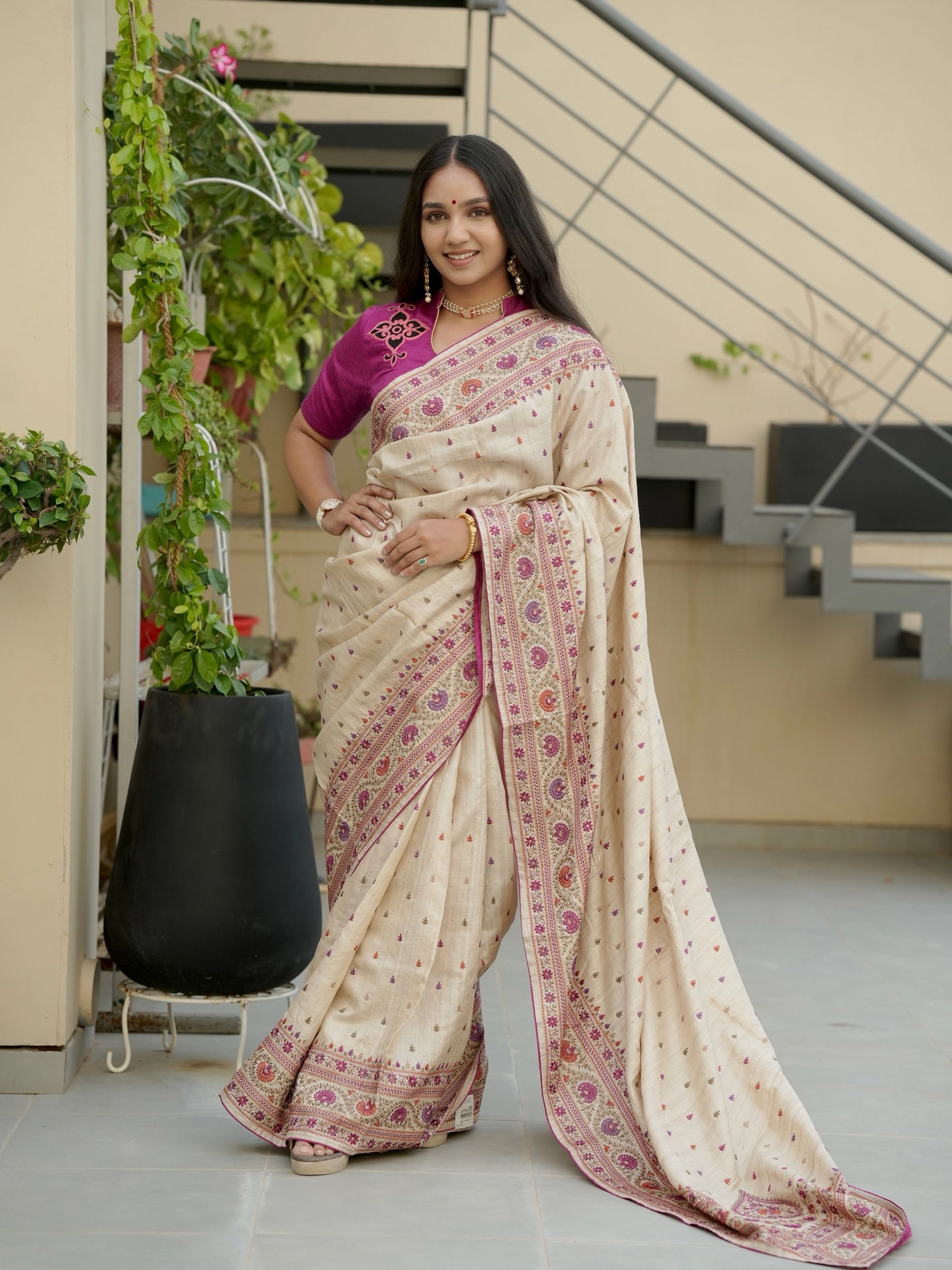Beige Pure Tussar Silk Saree With Embroidery