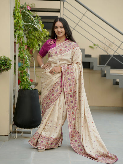 Beige Pure Tussar Silk Saree With Embroidery