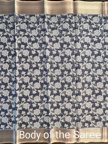 Grey Floral  Emboss Chanderi Saree