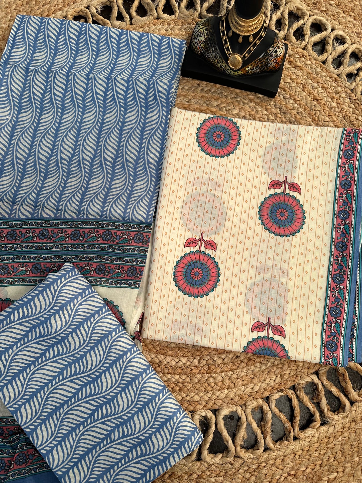 Cream-Blue Jaipuri Cotton 3-Piece Suit