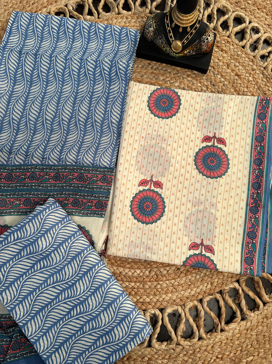 Cream-Blue Jaipuri Cotton 3-Piece Suit