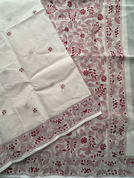 Off-White Cotton Saree With Kaantha  Embroidery