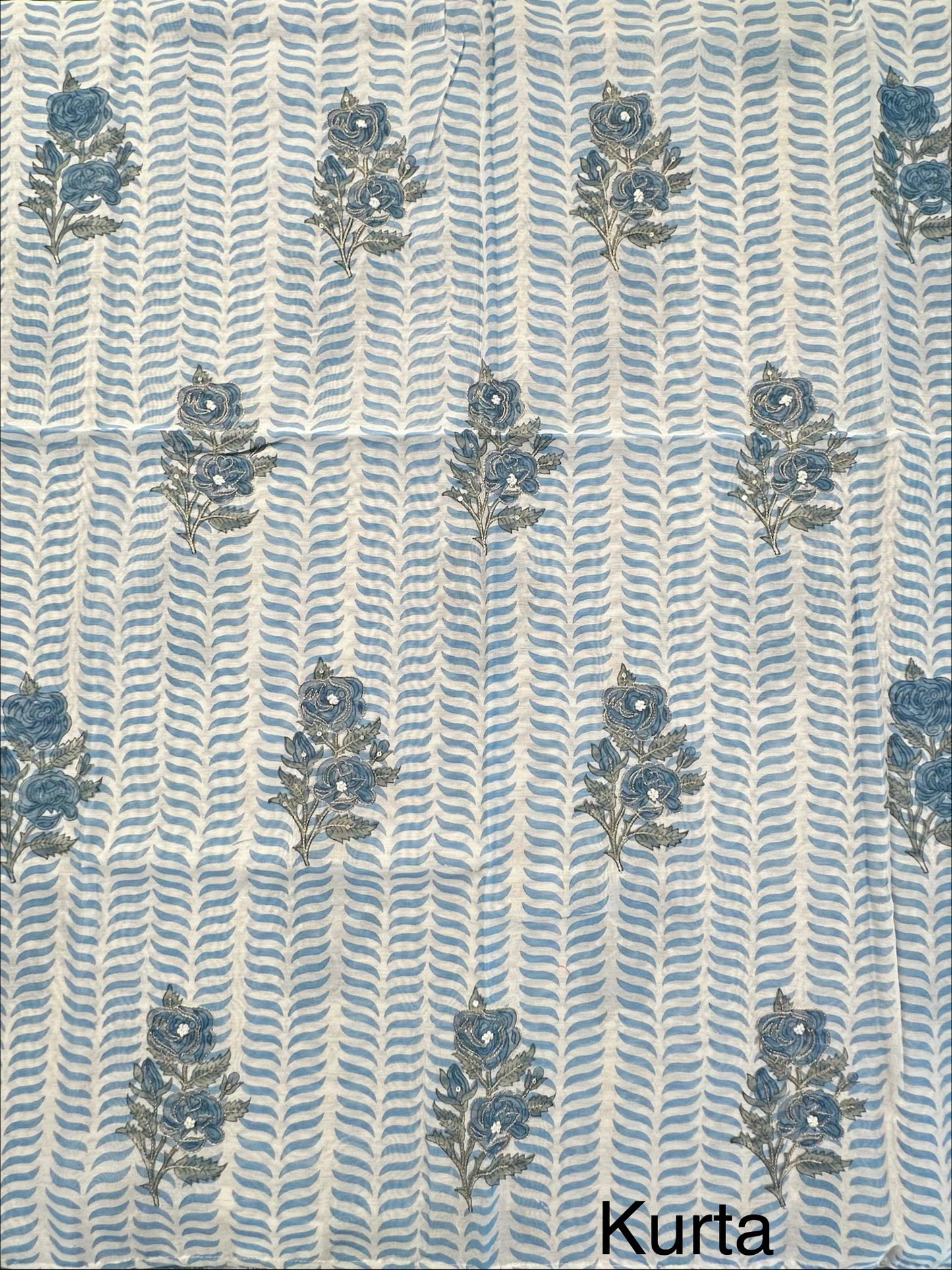 Off White- Blue Hand Block Printed Chanderi 3-Piece Unstitched Suit with Aari Work