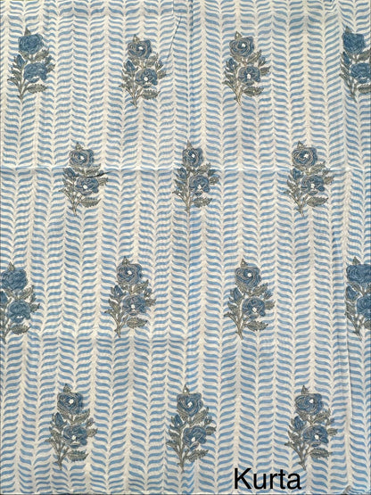 Off White- Blue Hand Block Printed Chanderi 3-Piece Unstitched Suit with Aari Work