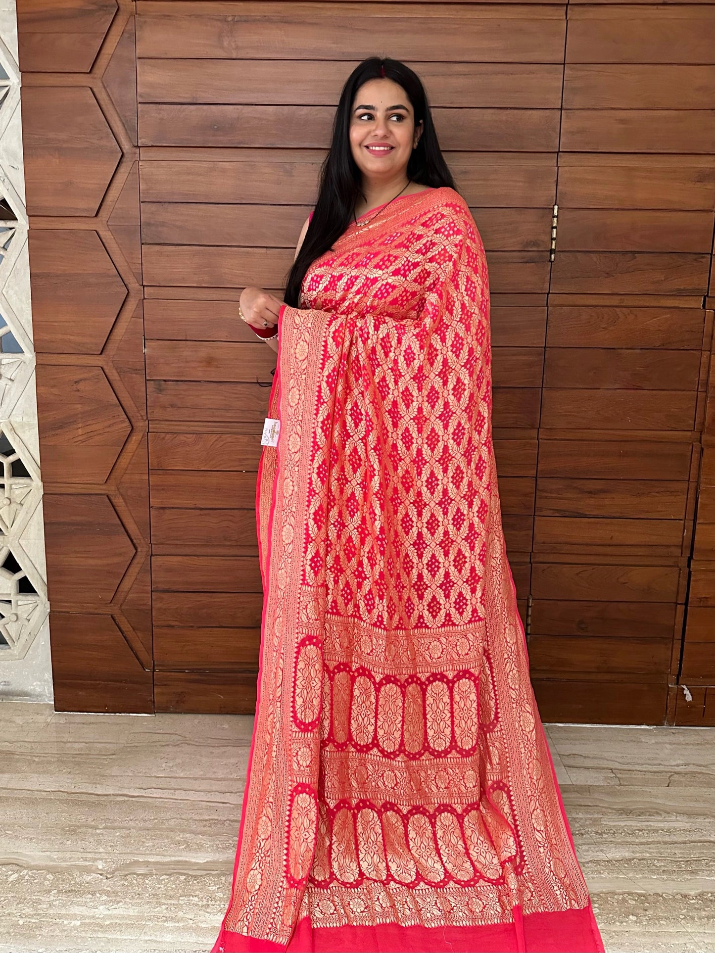 Coral Pink Gharchola Bandhej Pure Georgette Saree