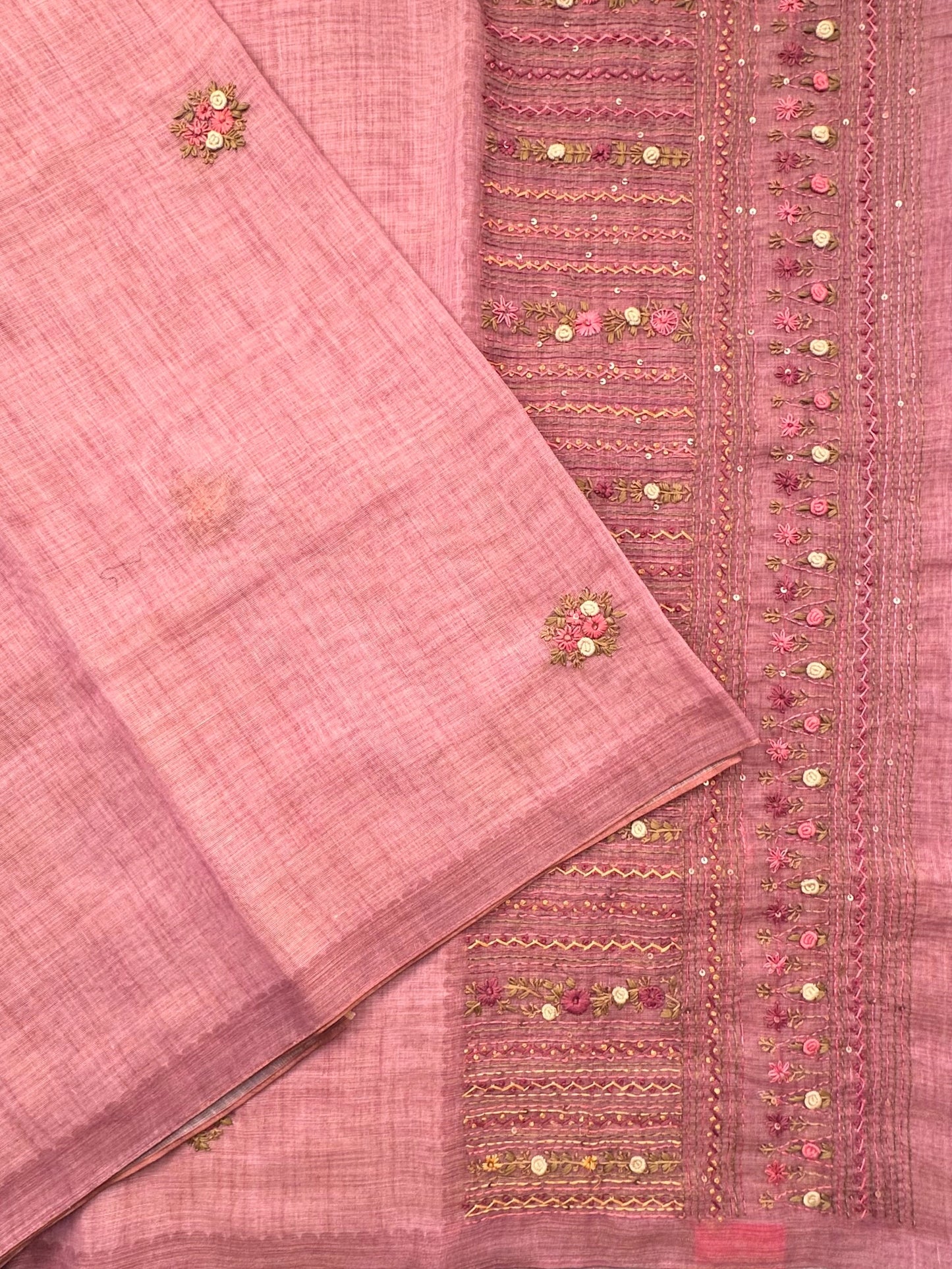 Dusky Pink Blended Cotton Saree with Hand Embroidery