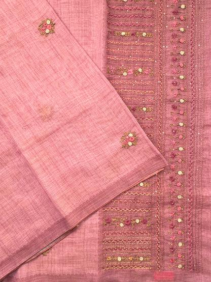 Dusky Pink Blended Cotton Saree with Hand Embroidery