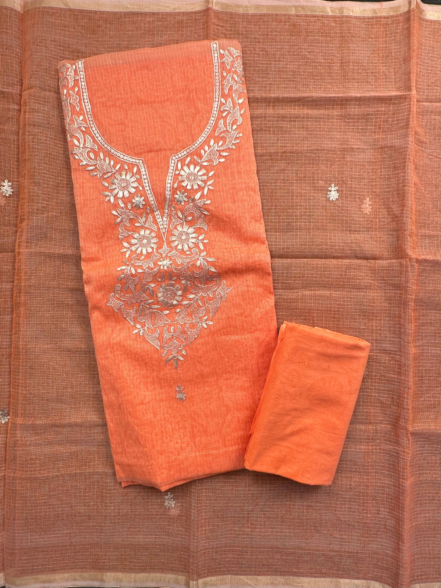 Orange 4-Piece Kota Doria Cotton Unstitched Suit