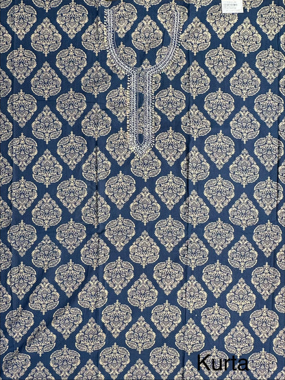 Navy Blue Printed Cotton 3-Piece Suit