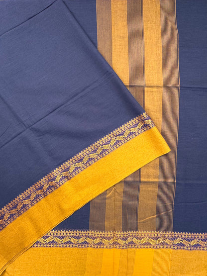 Navy Blue-Mustard Piku Bengal Cotton Saree