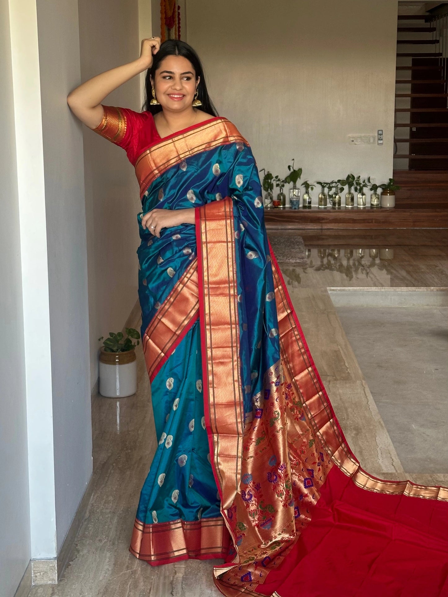 Peacock Blue-Red Paithini Silk Saree