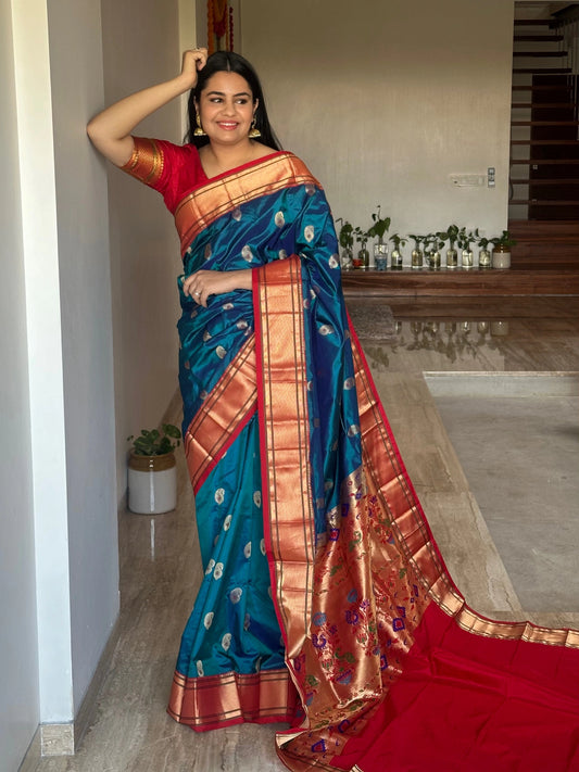 Peacock Blue-Red Paithini Silk Saree