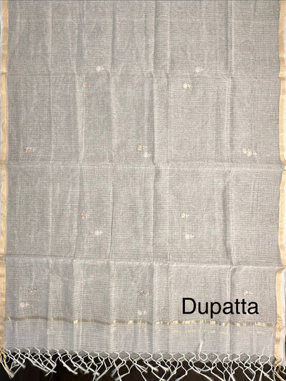 Off White-Grey 4-Piece Kota Doria Cotton Unstitched Suit