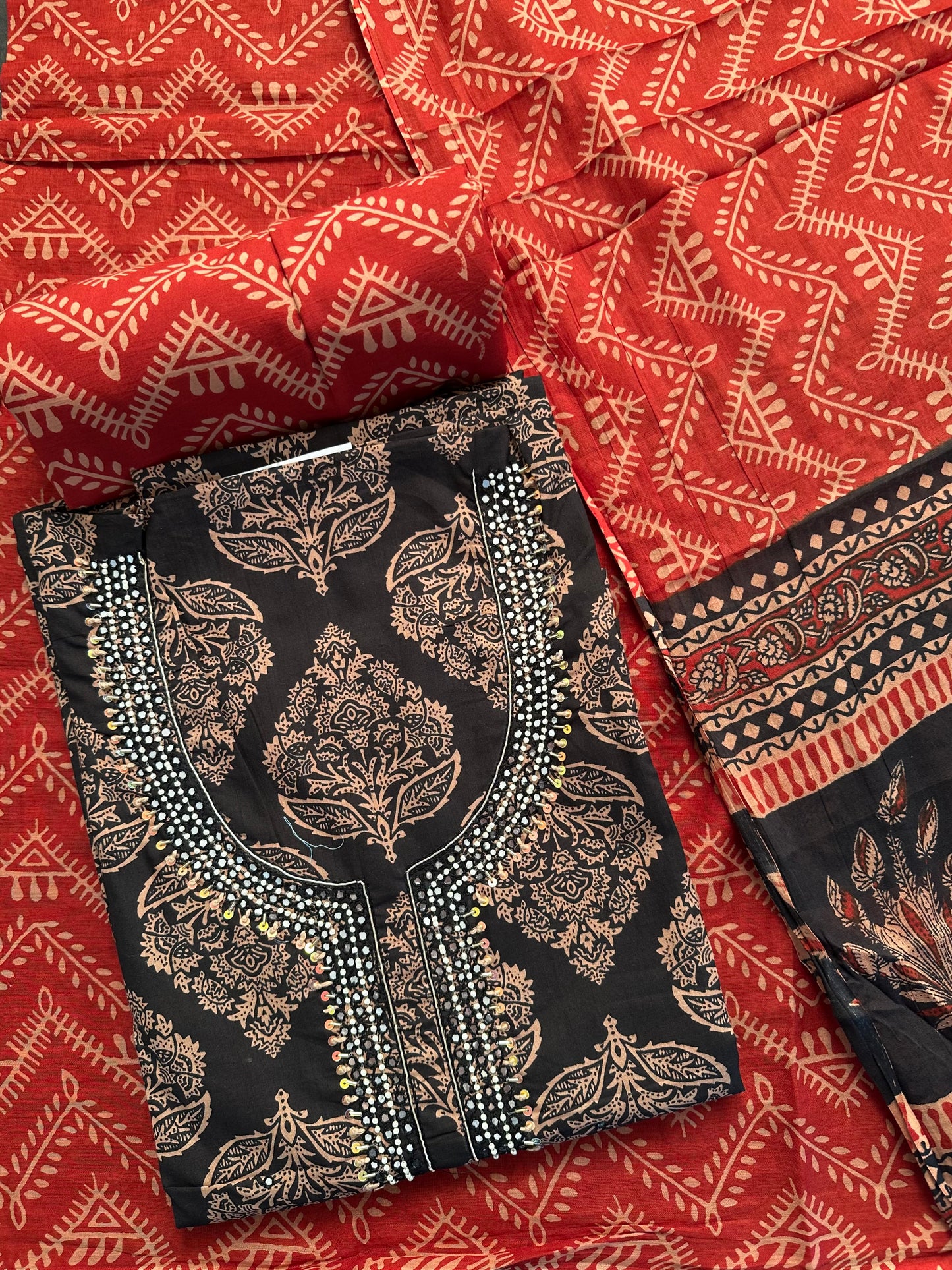 Black Printed Cotton 3-Piece Suit