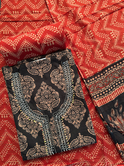 Black Printed Cotton 3-Piece Suit