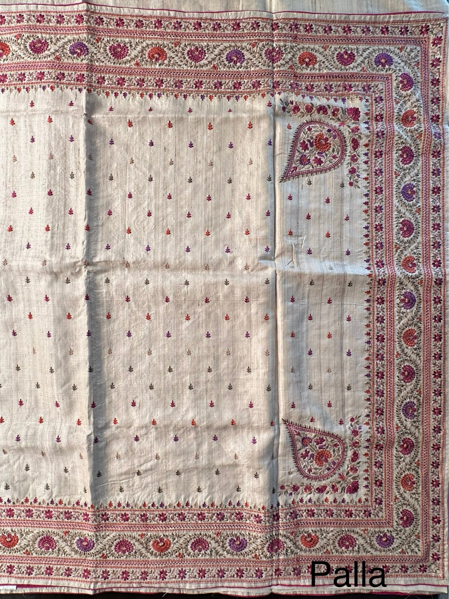Beige Pure Tussar Silk Saree With Embroidery