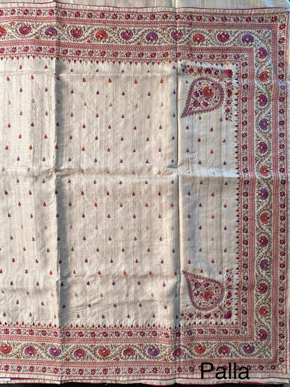 Beige Pure Tussar Silk Saree With Embroidery
