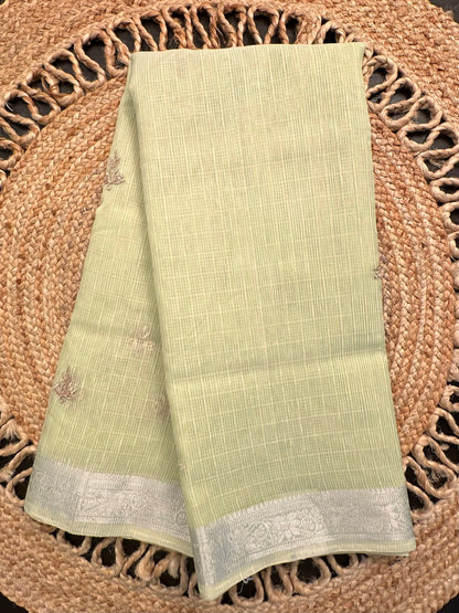 Pista Green Fancy Cotton Saree With Hand Work