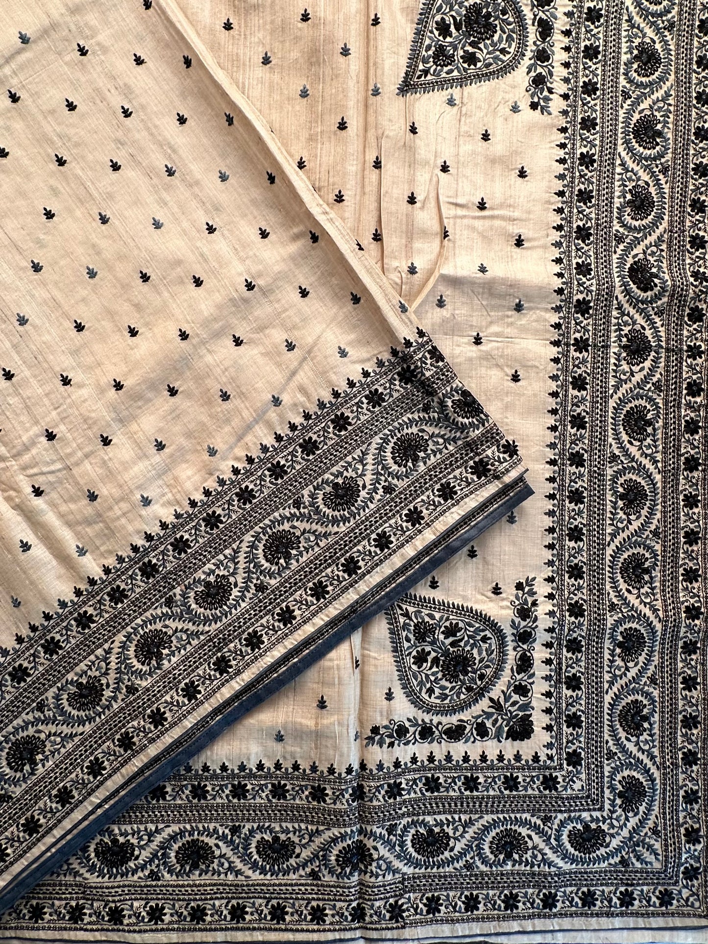 Beige Pure Tussar Silk Saree With Embroidery