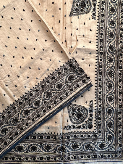 Beige Pure Tussar Silk Saree With Embroidery