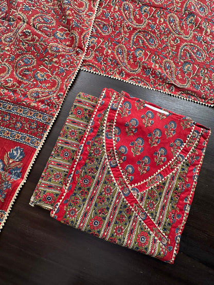 Rust Angrakha Printed Cotton 3-Piece Suit