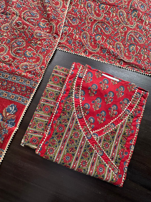 Rust Angrakha Printed Cotton 3-Piece Suit