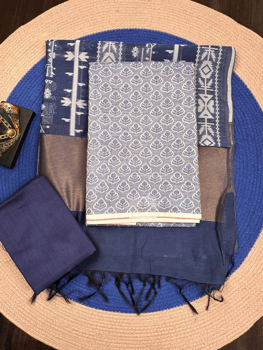 Blue Jacquard 3-piece Unstitched Cotton Suit