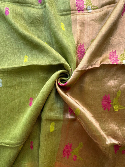 Green Fancy Cotton Tissue Saree ( Linen Texture)