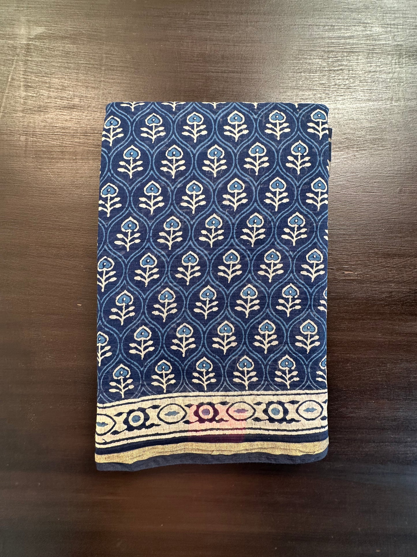 Indigo Blue Block Print Cotton Blend Saree