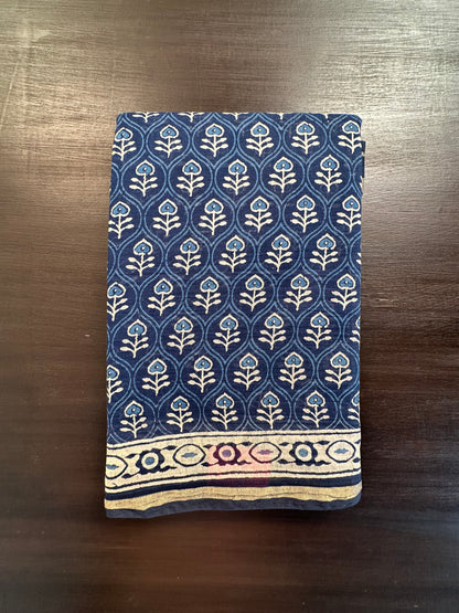 Indigo Blue Block Print Cotton Blend Saree