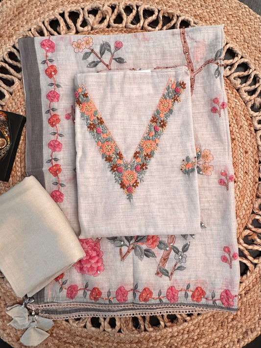 Beige Hand Embroidery Fancy Cotton Suit