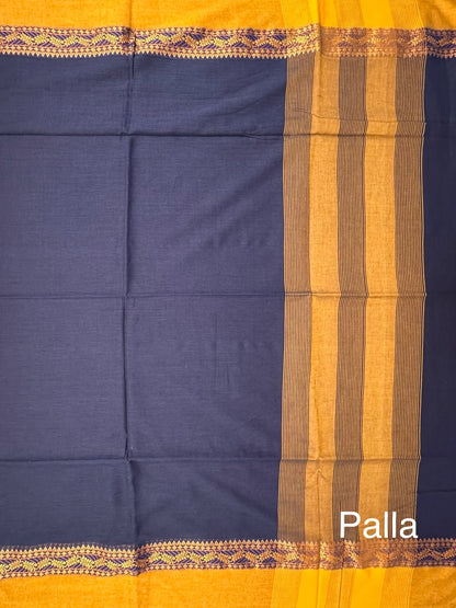 Navy Blue-Mustard Piku Bengal Cotton Saree