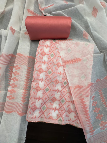 Peach Jacquard Unstitched Cotton Suit