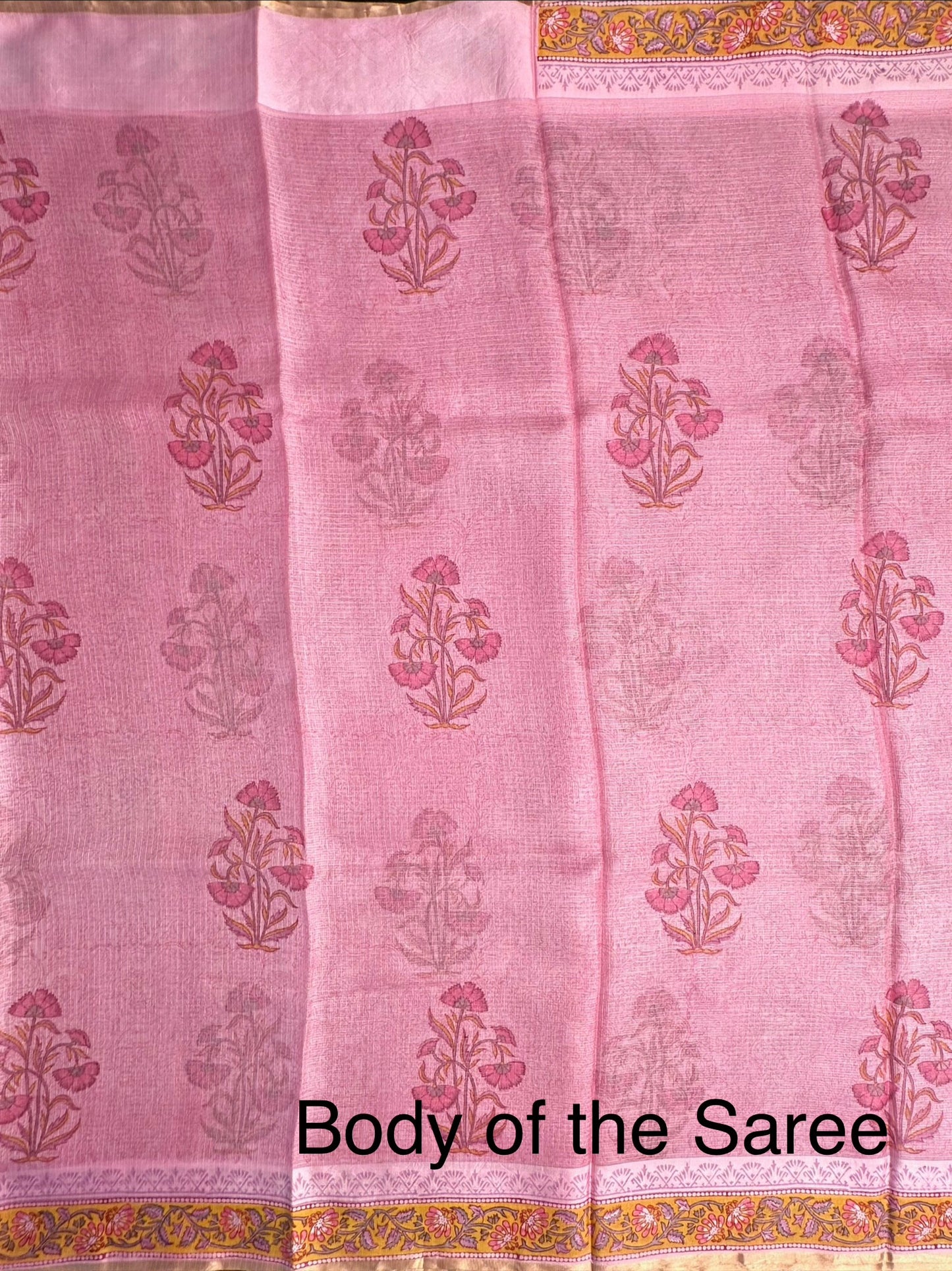 Pink Hand Block-Print Pure Kota Doria Silk Saree