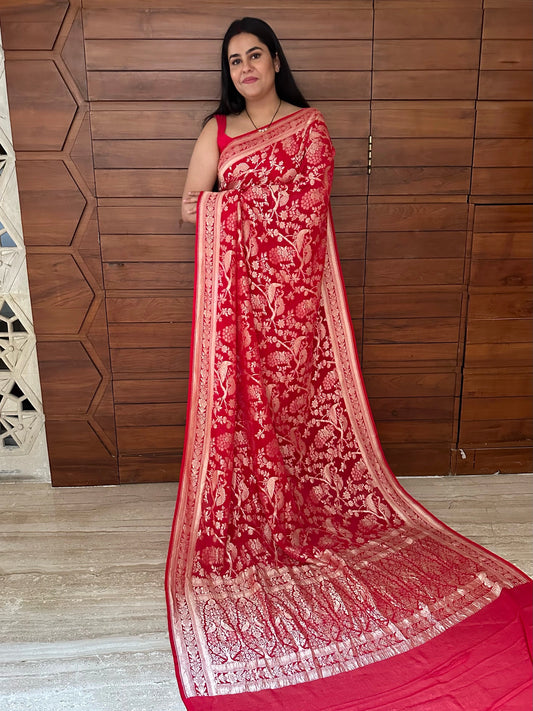 Red Khaddi Jaal Pure Georgette Saree