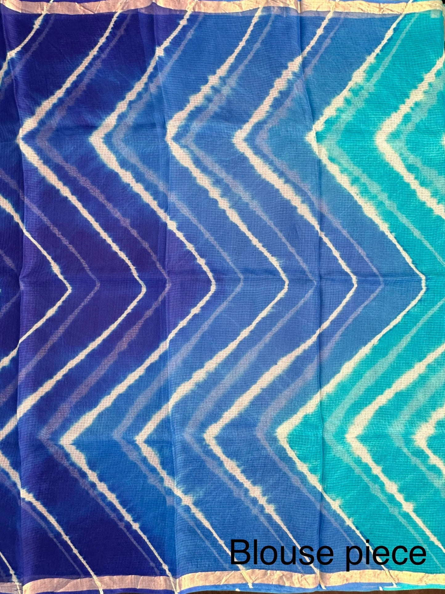 Firozi-Blue Leheriya Kota Doria Pure Silk Saree
