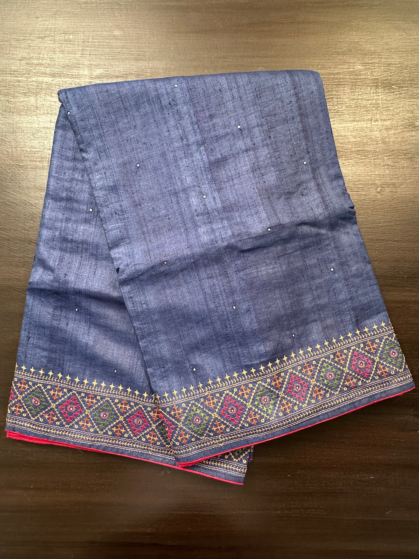 Navy Blue Pure Tussar Silk Saree With Embroidery