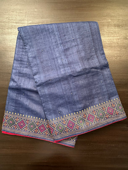 Navy Blue Pure Tussar Silk Saree With Embroidery