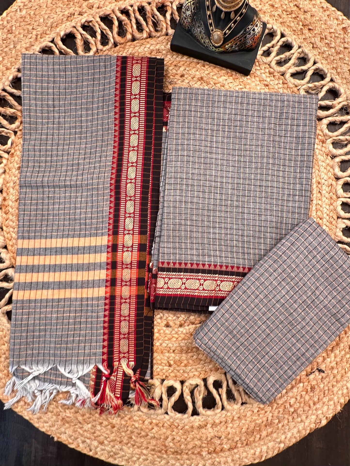 Grey Checkered Dharwad South Cotton 3-Piece Suit