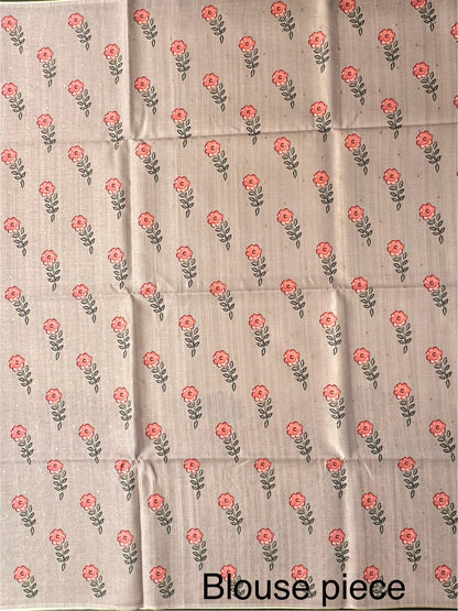 Off White-Champagne Printed Art Silk Saree