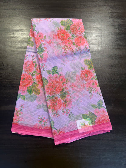 Mauve Floral  Print  Kota Doria Cotton Saree